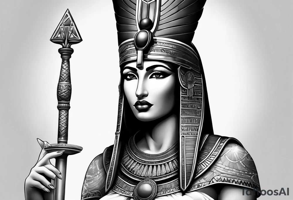 black and gray photo realistic goddess isis with minimum detail tattoo idea