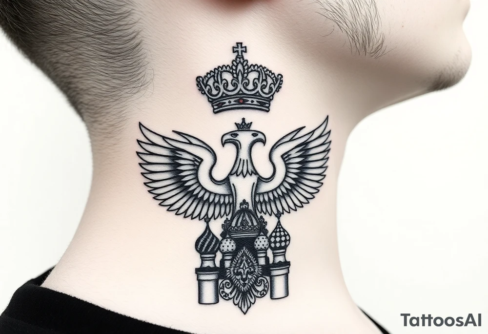 St. George, 3 russian imperial crowns above the Russian coat of arms double eagle and sitting above its wingspan sitting just above Kremlin or St. Basil's Cathedral scene  on the side of my neck tattoo idea