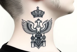 St. George, 3 russian imperial crowns above the Russian coat of arms double eagle and sitting above its wingspan sitting just above Kremlin or St. Basil's Cathedral scene  on the side of my neck tattoo idea
