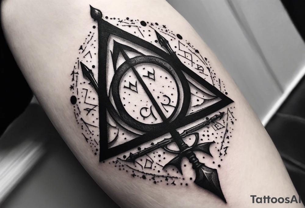Lord of the rings with Harry Potter incorporated but clear visual of both movies. Small and minimal. Something like the deathly hallows symbol made out of swords and wizard staff from LOTR tattoo idea