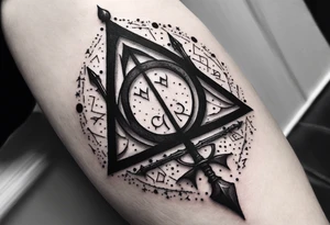 Lord of the rings with Harry Potter incorporated but clear visual of both movies. Small and minimal. Something like the deathly hallows symbol made out of swords and wizard staff from LOTR tattoo idea
