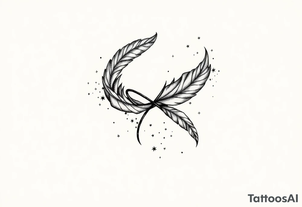 infinity symbol woven with floating feathers and stardust tattoo idea