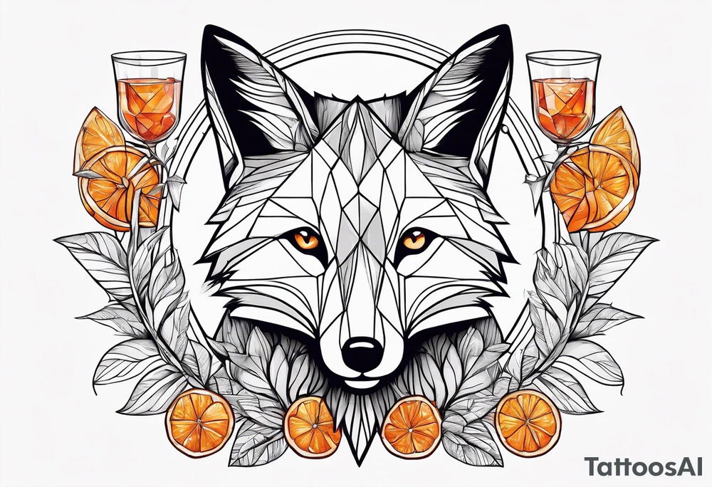 Geometric cool fox with one Negroni in short lowball cocktail glass with ice and orange peel tattoo idea