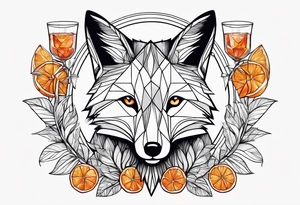 Geometric cool fox with one Negroni in short lowball cocktail glass with ice and orange peel tattoo idea