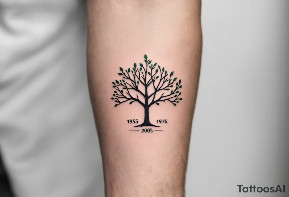 Modern geometric tree, made of straight lines and triangles, each node containing a dates 1955, 1975, 2005. Black ink with soft green shading for branches. tattoo idea