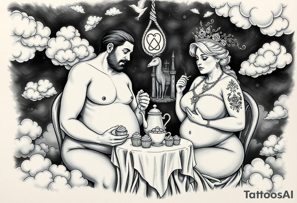 Mystical Naked Man and fat woman having sex eating cupcakes and  fruit  having sex clouds gothic sexy naked fat lady having a tea party with tea pot with fancy castle  
with a pigs, peacock,  lion, goat, noose and smoking cigerettes looking in the mirror thru storm clouds and broken hearts and darkness and wrath, envy , gluttony, greed, sloth, pride . Gothic tattoo idea