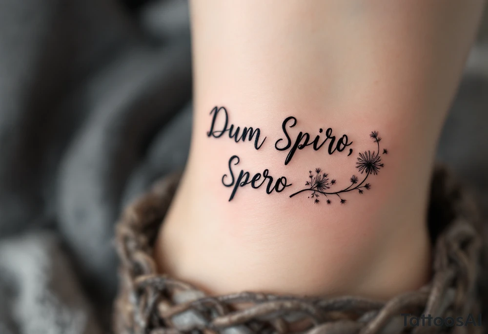 "Dum Spiro, Spero" (While I breathe, I hope), flowing in delicate handwritten script, paired with a gentle breath motif or dandelion dispersing seeds, in soft black and light gray tones for a light, hopeful feel. tattoo idea