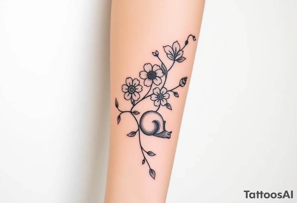 Full forearm design. Flowers on the vine. Include a snail, turtle, fox, and bear hidden within the flowers tattoo idea