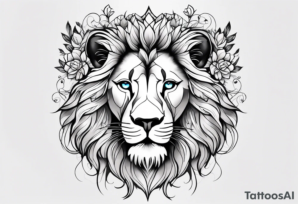 Lion face half delicate half lion one eye blue one eye green a flowers and butterflies on delicate side tattoo idea