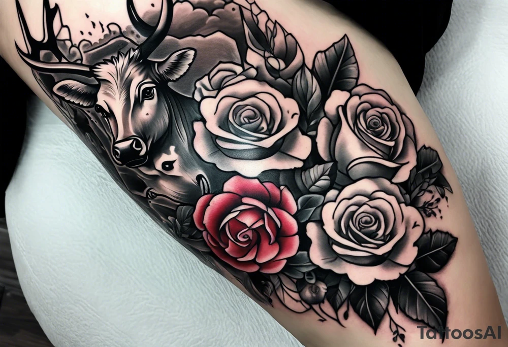 Tattoo thigh peice with Roses and flowers With nursing and hunting and cows and bulls and fishing and love and church. tattoo idea