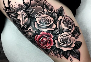 Tattoo thigh peice with Roses and flowers With nursing and hunting and cows and bulls and fishing and love and church. tattoo idea
