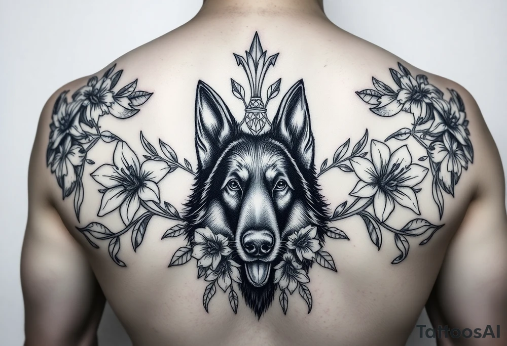 german shepherd floral lilies colour sacred heart tattoo idea
