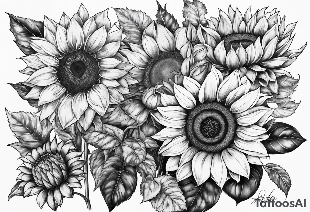 My moms name Araceli in cursive sunflowers and shading all around tattoo idea