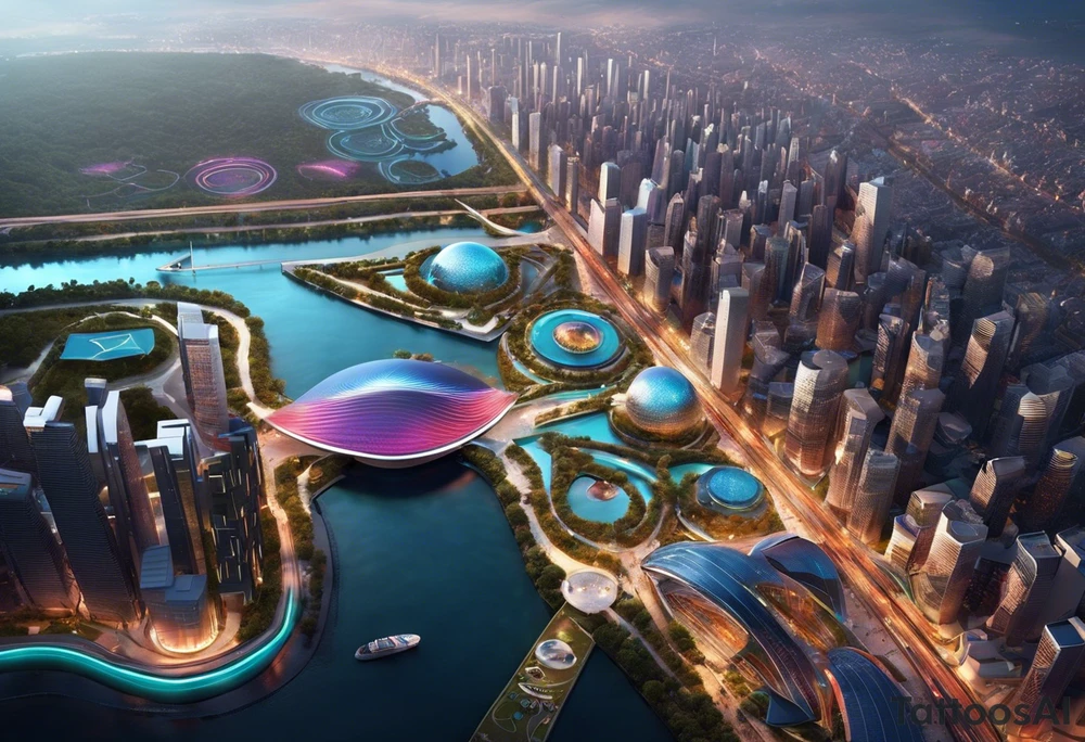 Crea ideograma que incorpore los siguientes elementos: líneas intrincadas y patrones geométricos abstractos, junto con un diseño futurista de ciudad, un paisaje post-apocalíptico, y las manos inspiradas en la "Creación de Adán". tattoo idea