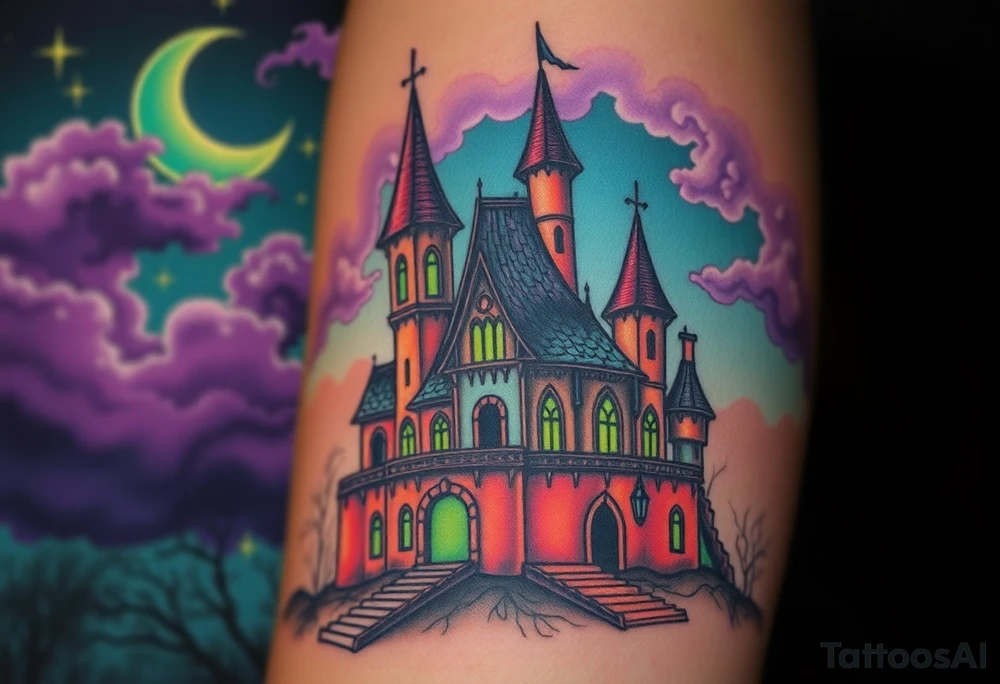 Tim Burton’s sleeping beauty’s haunted castle is abandoned and dripping with muted reds, dusty pinks, and eerie green glow.purple and cyan smokey clouds swirl in the crescent moonlit sky thats sprinkled with stars tattoo idea tattoo idea