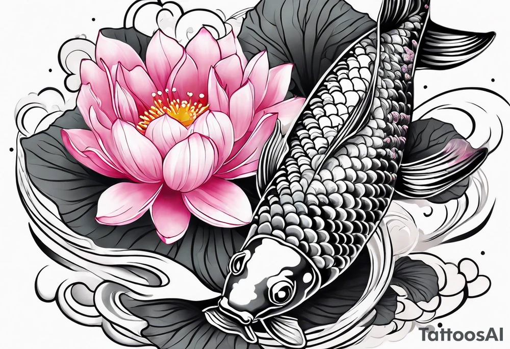 Two pink and black  Koi swimming between and lotus flowers tattoo idea