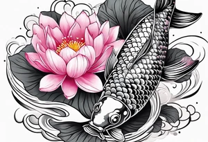 Two pink and black  Koi swimming between and lotus flowers tattoo idea