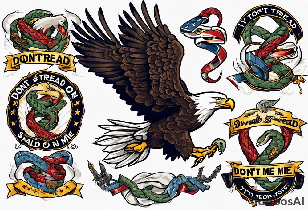 American traditional Bald Eagle carrying a snake in its talons, with a banner reading “don't tread on me” tattoo idea