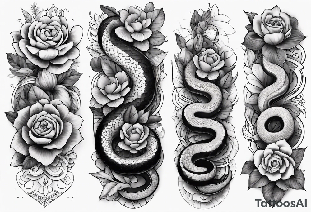 High contrast black and grey forearm snake and flower sleeve stencil tattoo idea High contrast black and grey forearm snake and flower sleeve stencil tattoo idea