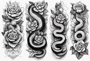 High contrast black and grey forearm snake and flower sleeve stencil tattoo idea