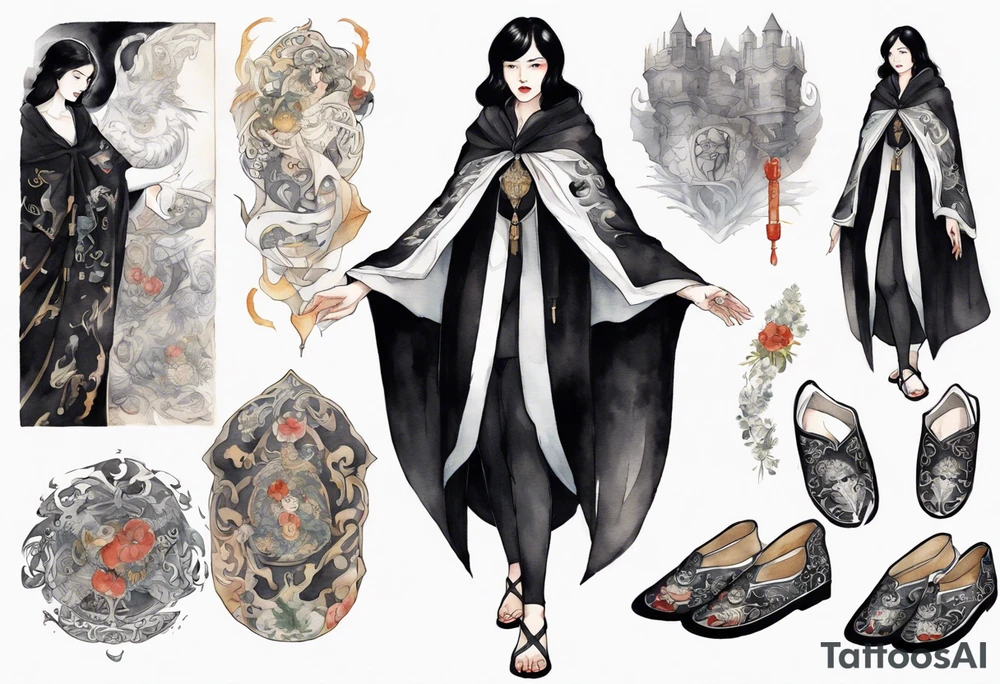 a 50-year-old black-haired woman dressed in a black and white medieval cloak, wearing slippers, surrounded in darkness tattoo idea