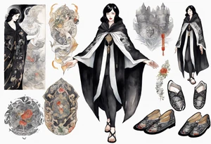 a 50-year-old black-haired woman dressed in a black and white medieval cloak, wearing slippers, surrounded in darkness tattoo idea