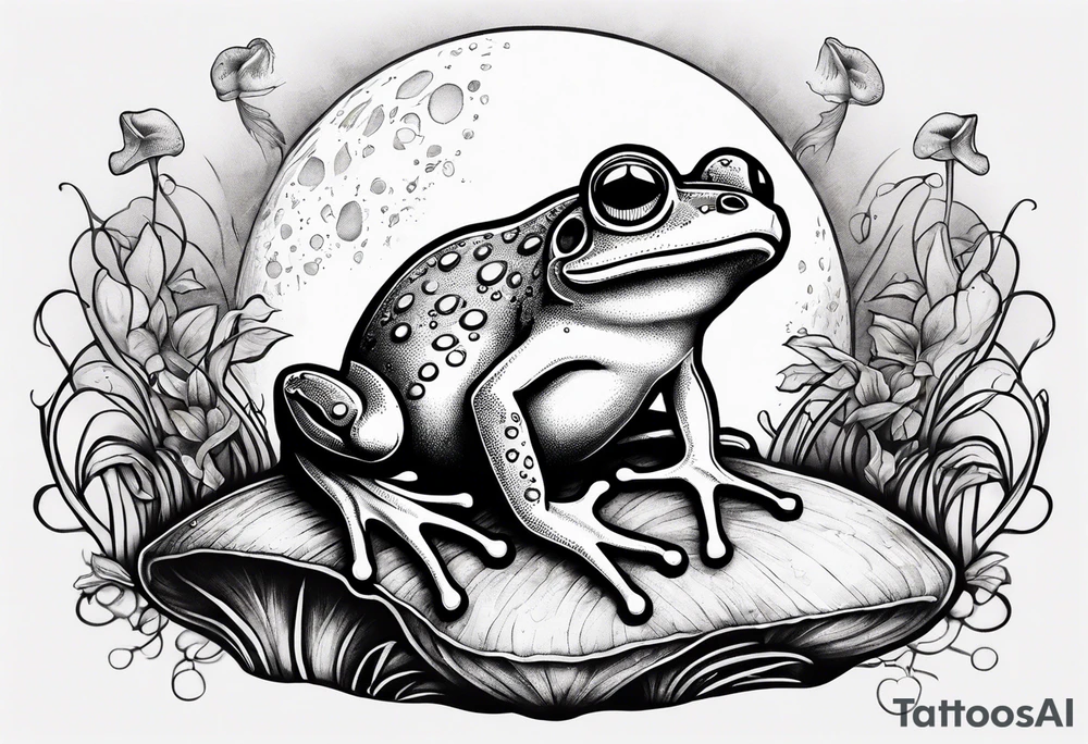 dancing frog on two feet under the moon mushroom in the Background mystical tattoo idea