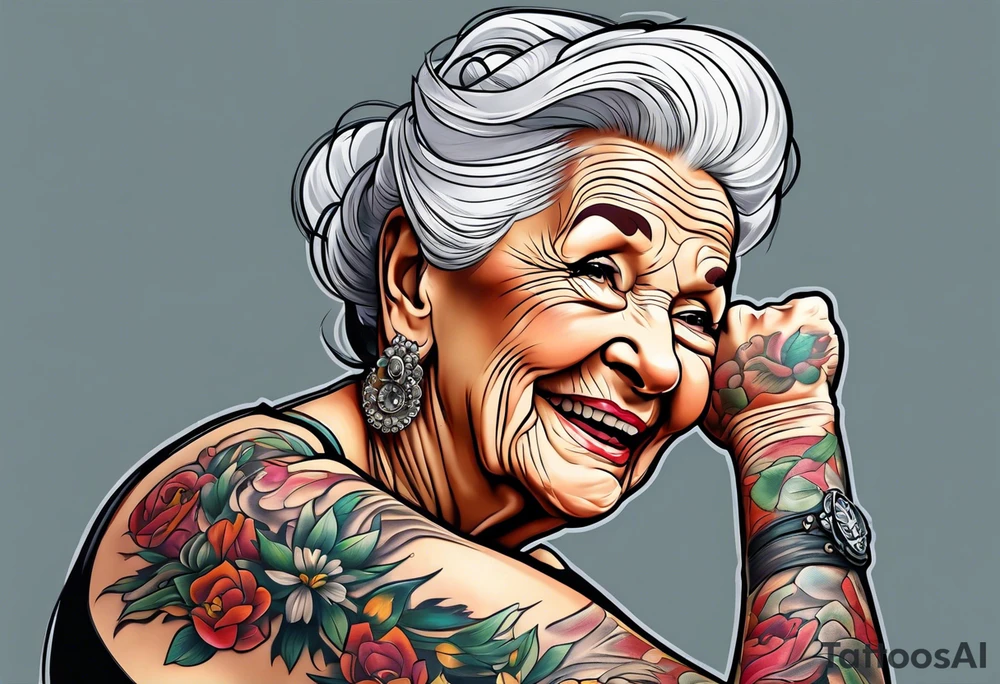 Muscular old lady showing off muscles. tattoo idea