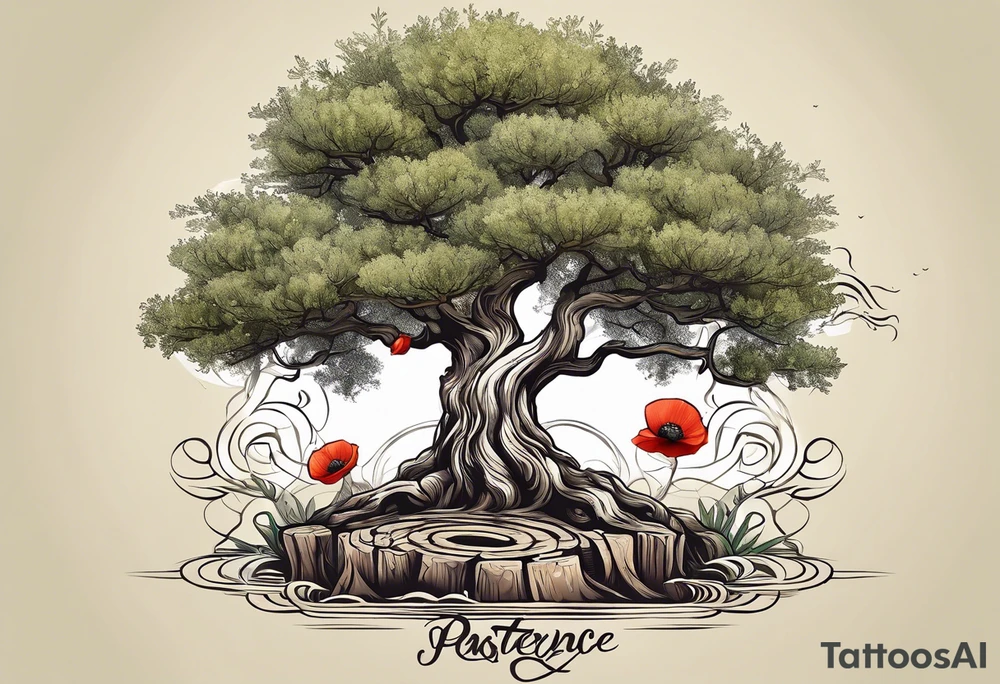 And olive tree with exposed roots, writing out the word for patience in Korean, next to a tree stump with exposed rings, and a small Poppy flower growing out of the ground tattoo idea