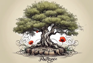 And olive tree with exposed roots, writing out the word for patience in Korean, next to a tree stump with exposed rings, and a small Poppy flower growing out of the ground tattoo idea