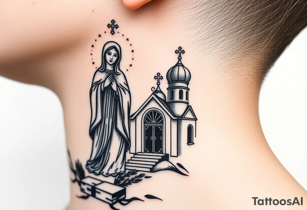russian design traditional virgin mary stood beside the entrance of a russian orthodox dome church on the side of the neck in a wilderness setting with the design on the side of the neck tattoo idea