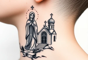 russian design traditional virgin mary stood beside the entrance of a russian orthodox dome church on the side of the neck in a wilderness setting with the design on the side of the neck tattoo idea