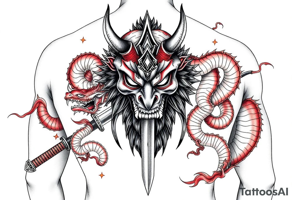 Back Tattoo with An Oni With a broken mask and a Sword, Dragons & snakes tattoo idea