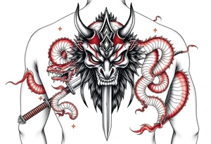 Back Tattoo with An Oni With a broken mask and a Sword, Dragons & snakes tattoo idea