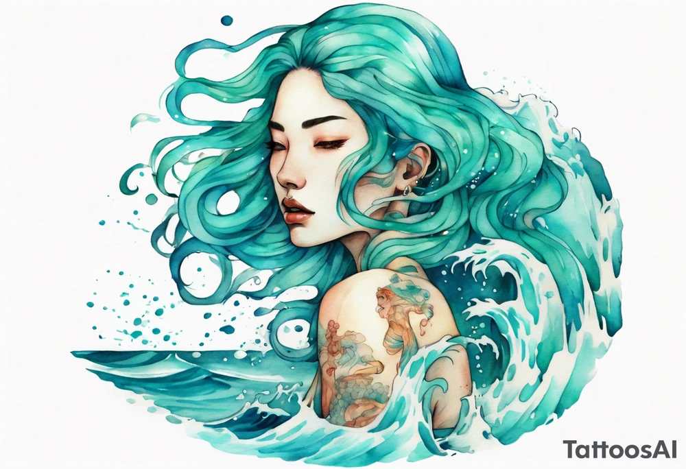 a woman made out of water emerging from the sea, turquoise hair tattoo idea