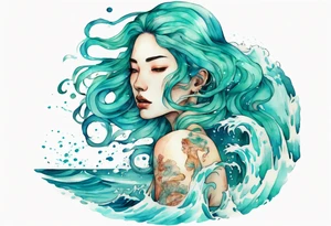 a woman made out of water emerging from the sea, turquoise hair tattoo idea