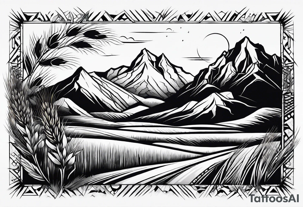 negative blackwork with mountains, hills and wheat field at bottom tattoo idea