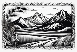 negative blackwork with mountains, hills and wheat field at bottom tattoo idea