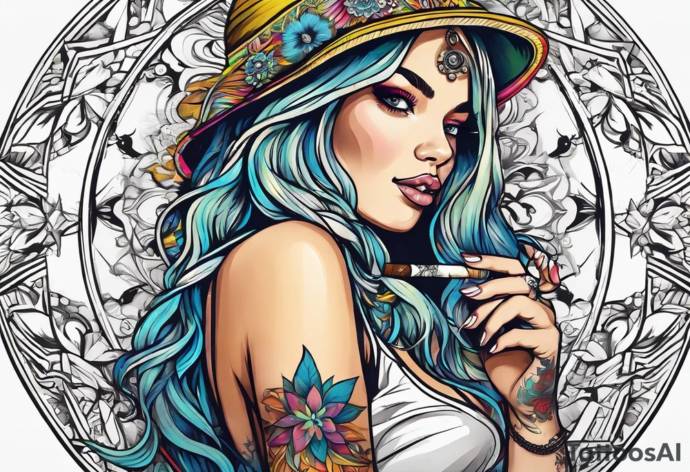 Hippie girl smoking a joint, blond hair, Bell-bottoms, and a big booty tattoo idea