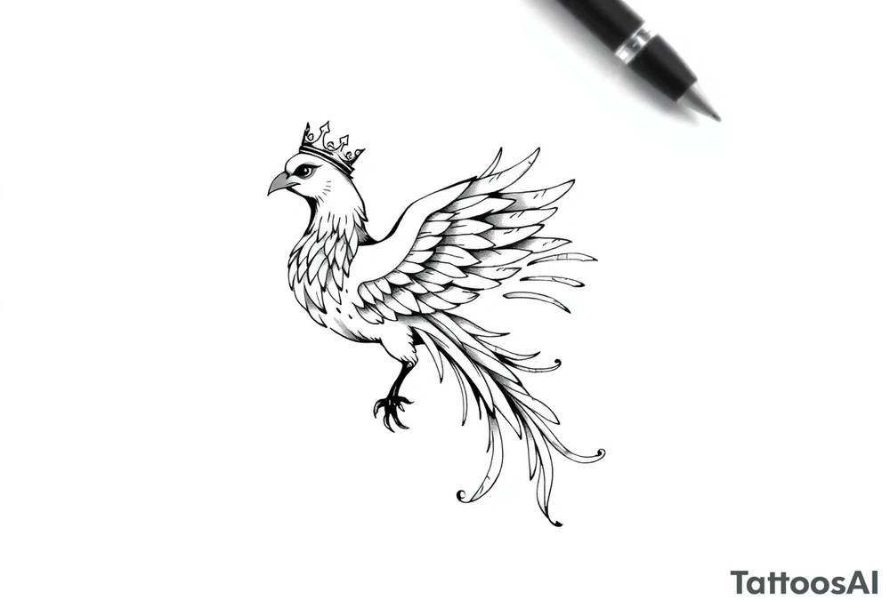 Pheonix wearing a crown with flowy long tail tattoo idea