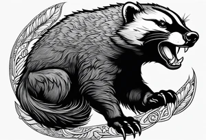 honey badger climbing up and over, claws, gentle face tattoo idea