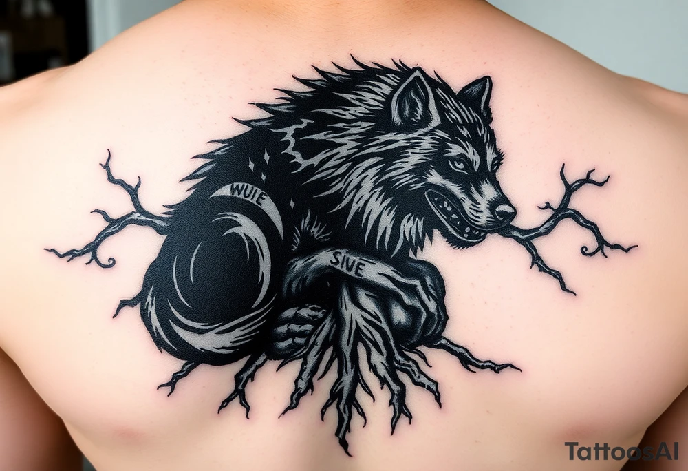 Powerful dark side black woof, sitting with roots, waiting to be unleashed tattoo idea