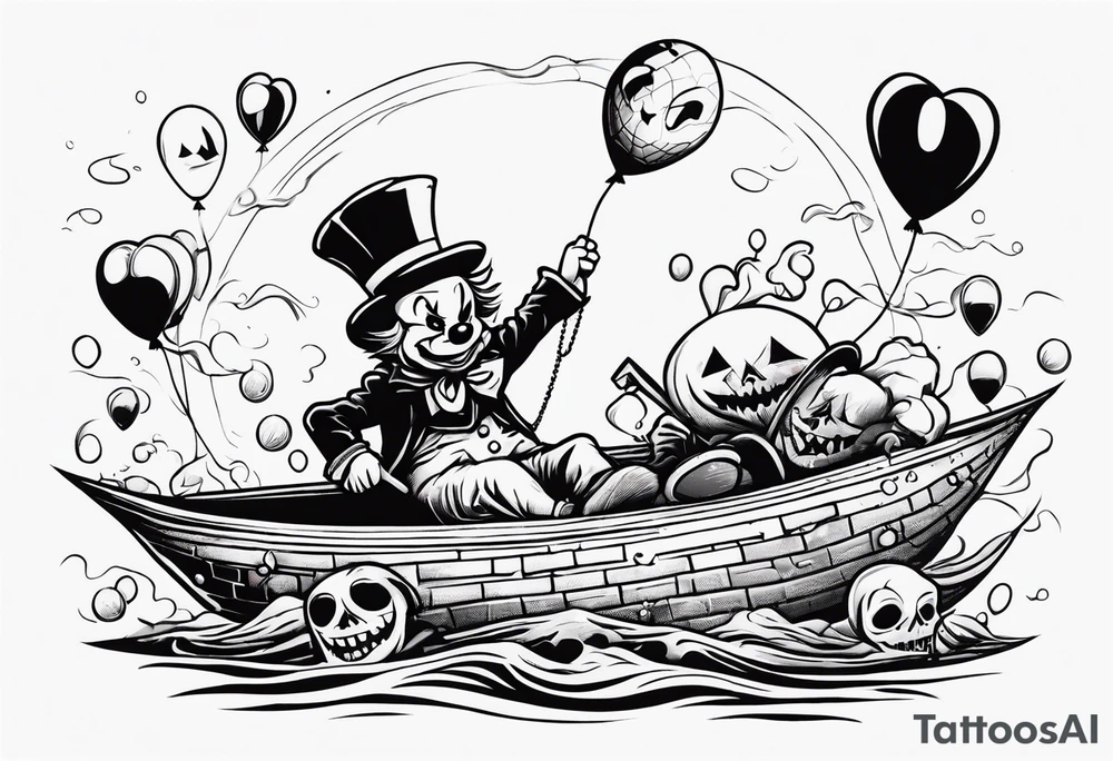 penny wise clown riding on georgies 
paper boat dragging skulls from other dead people behind him through the sewer system with a balloon covered in spiders tattoo idea