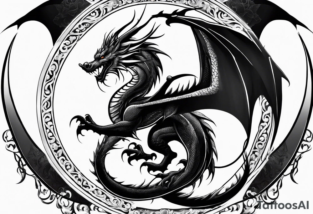 Dragon with Seven shape with full moon on background tattoo idea