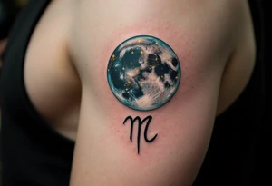 The Cancer stars constellatiob in gold over a moody teal moon, with the Cancer symbol etched in black beneath. tattoo idea