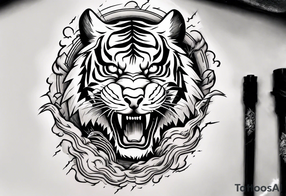 Tiger with lightning and the sun in the background for a forearm tattoo tattoo idea
