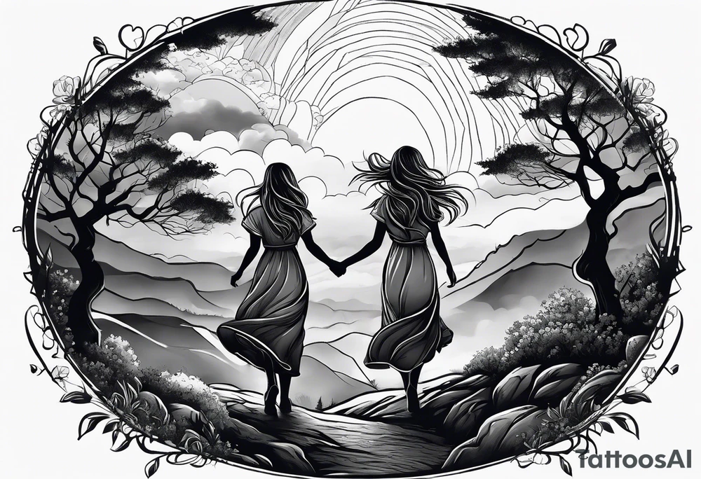 two sisters with one brother on the middle hugging together walking up hill through storm tattoo idea