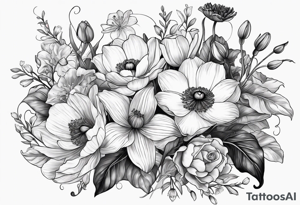 Poppy, water lily, Lily of the valley, daffodil, cosmo, rose, flower bouquet, portrait style tattoo idea