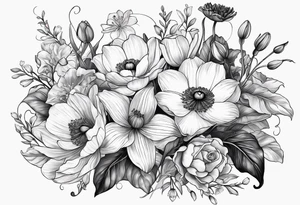 Poppy, water lily, Lily of the valley, daffodil, cosmo, rose, flower bouquet, portrait style tattoo idea