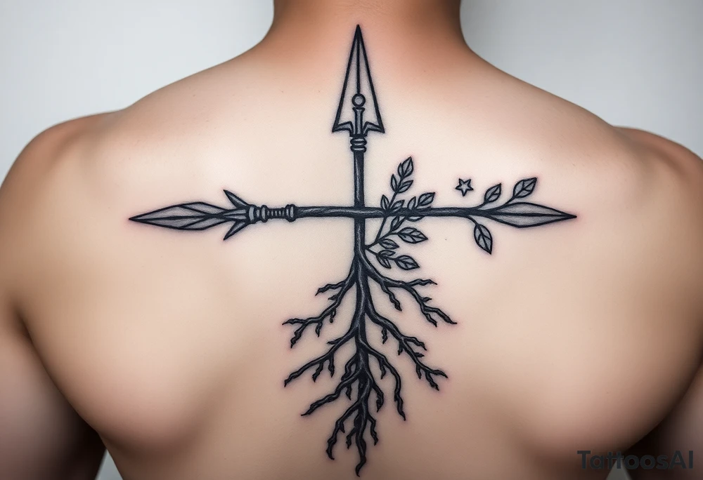A broken spear with roots growing through it, tribal blackwork style, symbolizing healing through soul, not ego. 
One side traditional tribal pattern (e.g. Polynesian spear motifs), the other cracked but reforged with symbols of soul: leaves, stars, or water. 
The roots at the bottom, the spear at the top, tattoo idea
